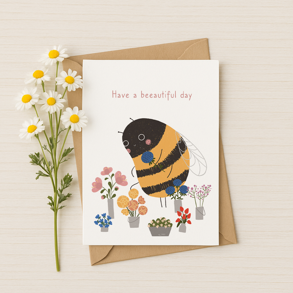 A whimsical illustration of cartoon-style illustration of a large, adorable bumblebee standing among several colourful potted flowers. The bee is holding a blue flower and appears to be arranging or admiring the flowers around it. The background is plain white, highlighting the bee and the floral arrangement.